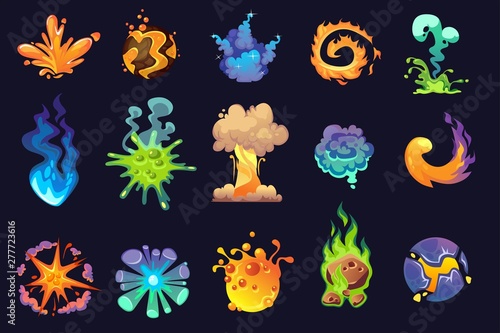 Cartoon explosion icon set. Boom effect vector elements for game design, illustrations etc. Animation scenes of explosion with smoke effect in fantasy style. Vector Magical boom icons.