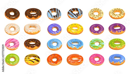 Vector donuts isolated on white background in cartoon style. Delicious doughnuts with chocolate, lemon, pink, violet, blue and orange glaze. Tasty fast food vector illustration