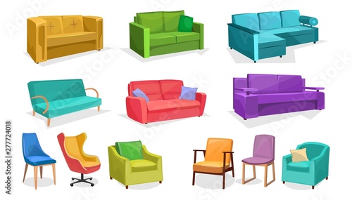 Home or office furniture in cartoon style isolated on white background. Vector sofas, armchairs and chairs set. Home interior colorful elements.