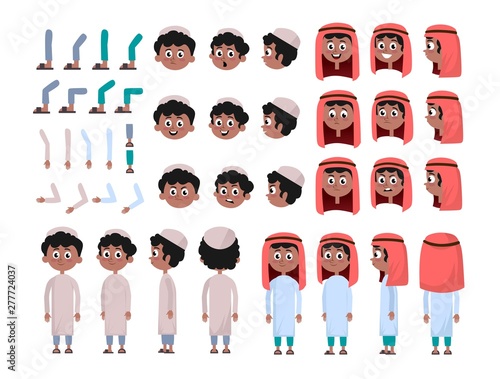 Arab boy character constructor set in flat style. Muslim boy DIY set with different facial expressions and moving arms and head. Arabic man wearing traditional clothing front, rear, side view. 
