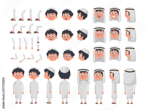 Arab boy character in flat style. Muslim boy with different facial expressions and moving arms and head. Arabic man wearing traditional clothing front, rear, side view.