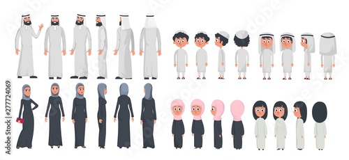 Arab muslim family characters isolated on white background. Muslim husband, wife and children wearing arabic clothing front, rear, side view. Vector illustration in flat style.