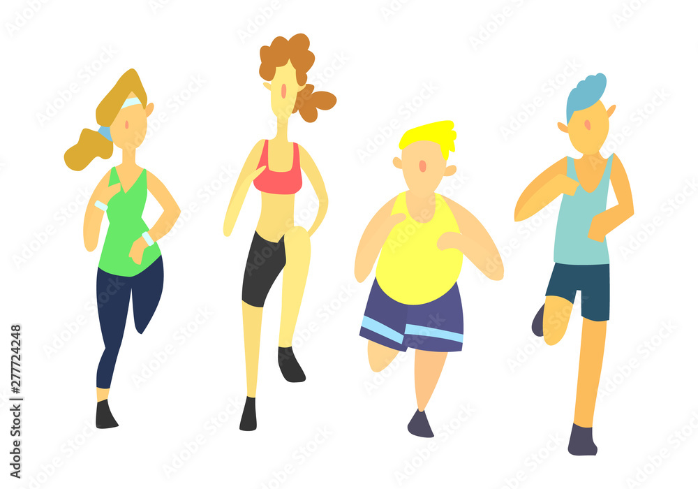 group of four people of different sex doing exercise running group of four people of different sex doing exercise running