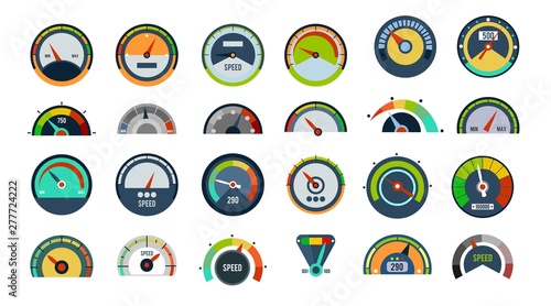 Speedometers vector collection with different style and signs. Customer loyalty and business score signs. Speed signs and icon set in flat style. Vector illustration