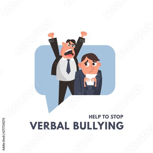 Verbal bullying between a boss and office worker. Workplace harassment illustration in cartoon style. Vector workplace bullying concept.