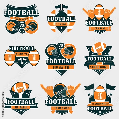 American football logos and badges collection. Vector football logos in orange and dark green colors for championships, uniform, stickers and football fan supplies.