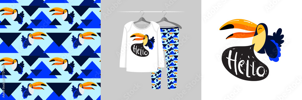 Obraz premium Seamless pattern and illustration set for kid with toucan, text Hello. Cute design pajamas on hanger. Baby background for clothes, room birthday decor, t-shirt print, wear fashion, invitation card