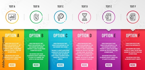 Ab testing, Waiting and Time hourglass icons simple set. Analytical chat, Loan percent and Mobile like signs. Phone test, Service time. Business set. Infographic template. 6 steps timeline. Vector