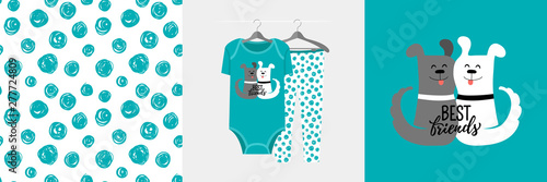 Seamless pattern and illustration for kid with two dogs, text Best friends. Cute design pajamas on hanger. Baby background for clothes, birthday decor, fashion t-shirt print, invitation card, wrapping