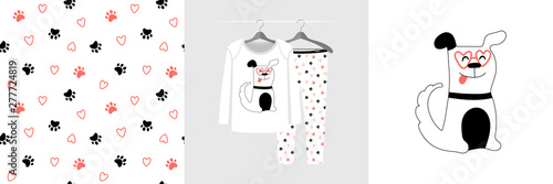 Seamless pattern and illustration for kid with dog and paw. Cute design pajamas on hanger. Baby background for clothes, room birthday decor, t-shirt print, wear fashion, invitation card, wrapping