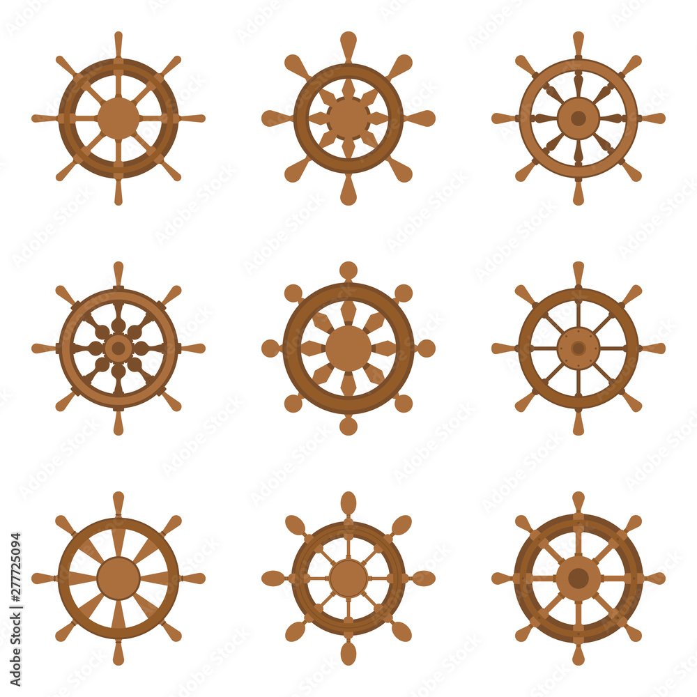 Marine helms, boat wheel control color icons set on white background. Ship steering sea label, nautical elements for travel poster, clothes, room decor, fashion t-shirt print, baby shower, wrapping Marine helms, boat wheel control color icons set on white background. Ship steering sea label, nautical elements for travel poster, clothes, room decor, fashion t-shirt print, baby shower, wrapping