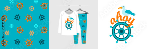Seamless pattern and illustration for kid with ship steering, text Ahoy. Cute design pajamas on hanger. Baby background for fashion clothes wear, room decor, t-shirt print, baby shower, wrapping