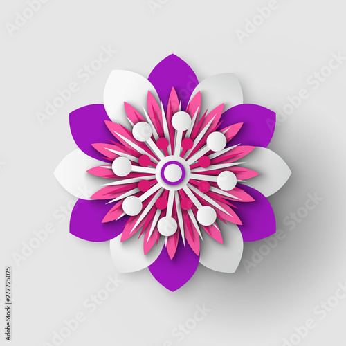 Paper cut origami of flower, colorful blossom ornament with shadow, 3d view of floral symbol, greeting or poster decorated by bouquet, festive vector