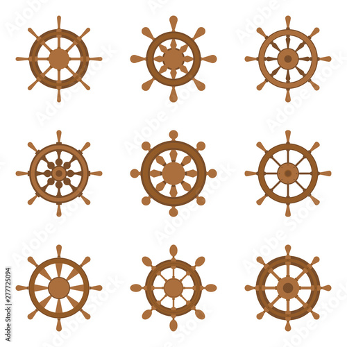 Marine helms, boat wheel control color icons set on white background. Ship steering sea label, nautical elements for travel poster, clothes, room decor, fashion t-shirt print, baby shower, wrapping