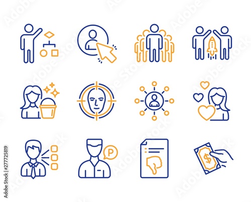 Third party, Algorithm and Group icons simple set. Cleaning, Face detect and Partnership signs. Networking, User and Valet servant symbols. Thumb down, Love and Pay money. Line third party icon