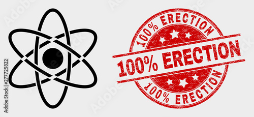 Vector atom icon and 100% Erection seal stamp. Red rounded distress seal stamp with 100% Erection text. Vector composition for atom in flat style. Black isolated atom icon.
