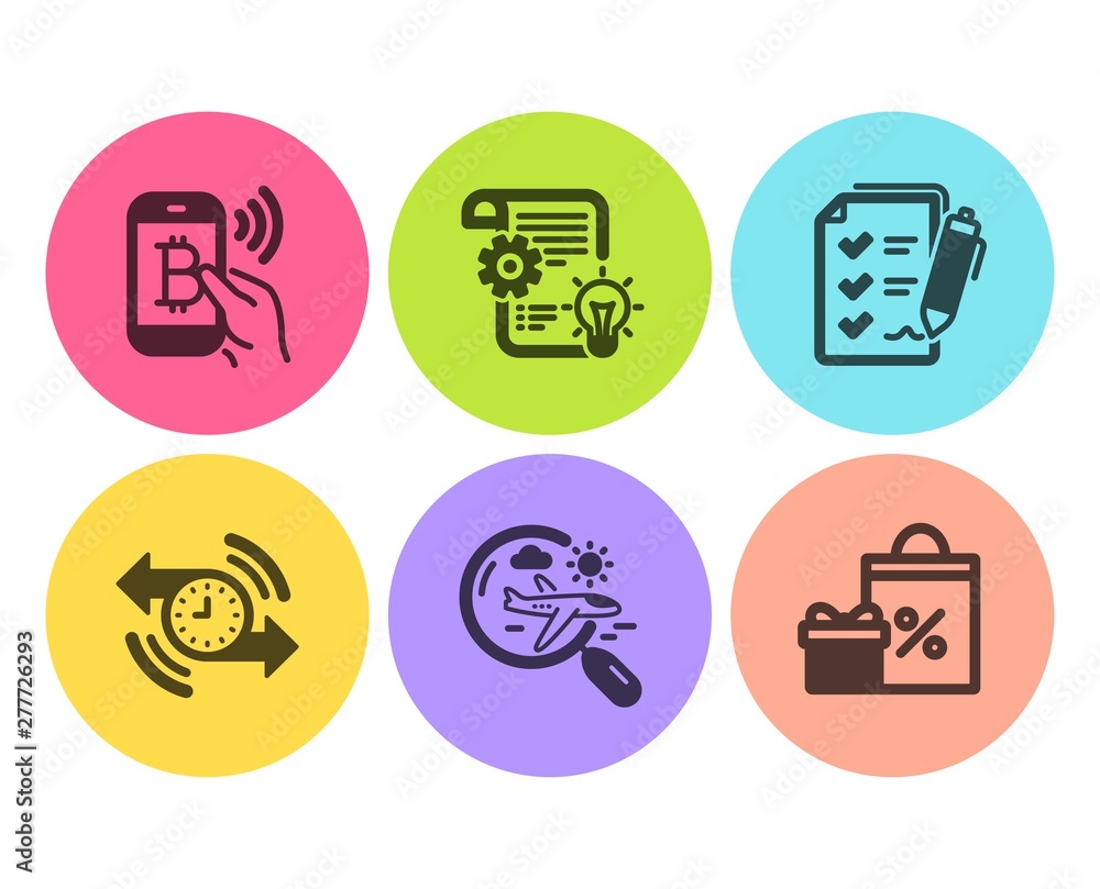 Search flight, Cogwheel and Bitcoin pay icons simple set. Timer, Survey checklist and Shopping signs. Airplane trip, Idea bulb. Business set. Flat search flight icon. Circle button. Vector - obrazy, fototapety, plakaty 