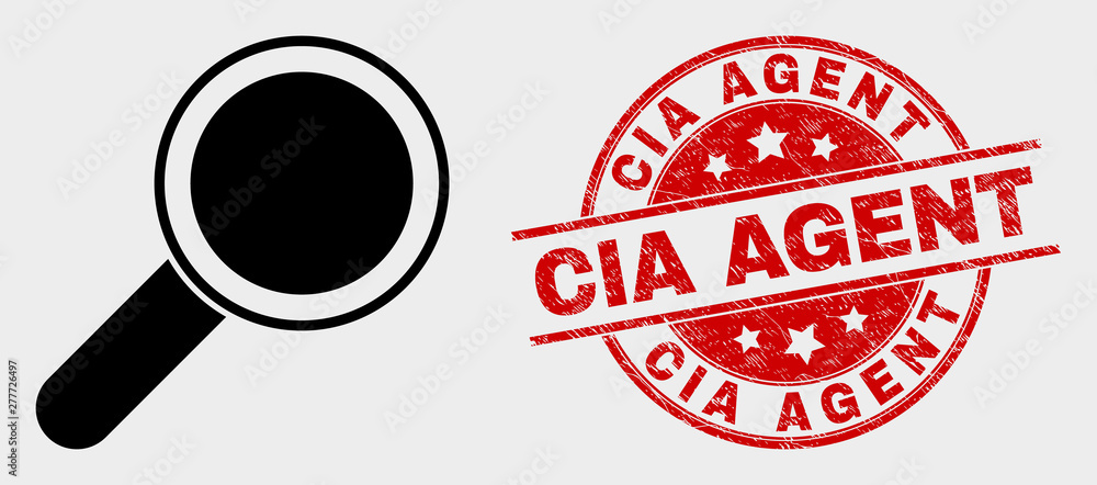 Vector magnifier tool icon and CIA Agent seal stamp. Red rounded grunge seal stamp with CIA Agent caption. Vector combination for magnifier tool in flat style. Black isolated magnifier tool icon. - obrazy, fototapety, plakaty 