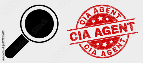 Vector magnifier tool icon and CIA Agent seal stamp. Red rounded grunge seal stamp with CIA Agent caption. Vector combination for magnifier tool in flat style. Black isolated magnifier tool icon.