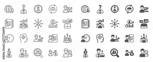 Human Resources, head hunting line icons. Business networking contract, Job Interview and Head Hunting contract icons. CV, Teamwork and Portfolio symbols. Business career, human, interview. Vector