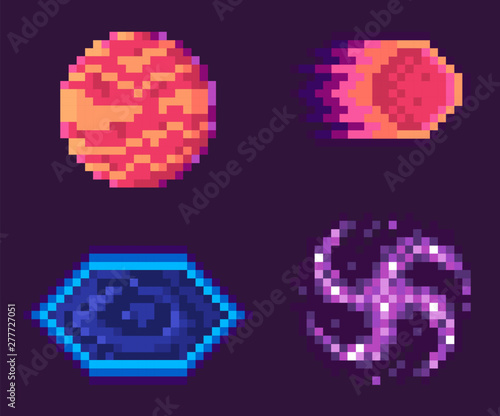 Pixel game vector, isolated planet with spots and flaming meteor falling inside, black hole celestial bodies asteroid graphics for pixelated 8 bit gaming process