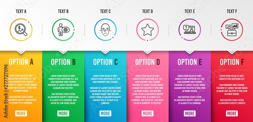 Currency audit, Star and Faq icons simple set. Cogwheel, Face recognition and Business portfolio signs. Money chart, Best rank. Science set. Infographic template. 6 steps timeline. Business options
