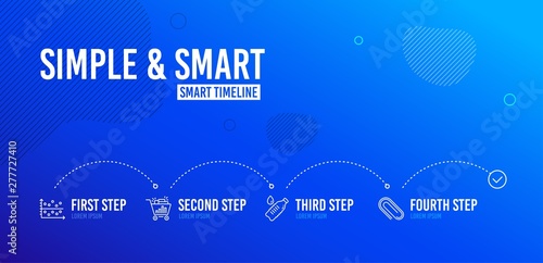 Infographic timeline. Water bottle, Seo shopping and Dot plot icons simple set. Paper clip sign. Still drink, Analytics, Presentation graph. Attach paperclip. 4 steps layout. Vector