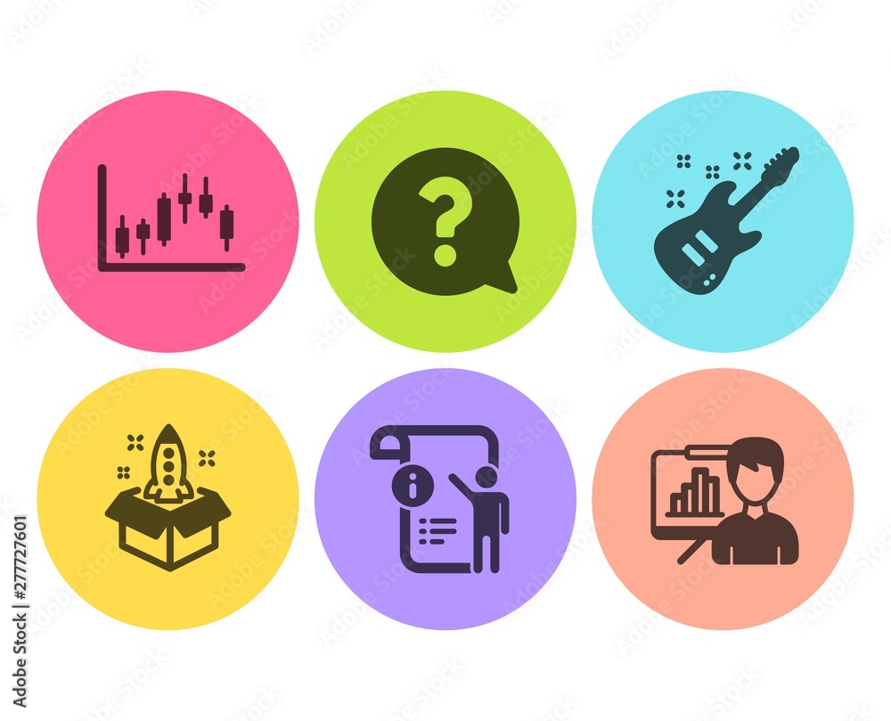 Manual doc, Candlestick graph and Electric guitar icons simple set. Question mark, Startup and Presentation board signs. Project info, Finance chart. Education set. Flat manual doc icon. Circle button Manual doc, Candlestick graph and Electric guitar icons simple set. Question mark, Startup and Presentation board signs. Project info, Finance chart. Education set. Flat manual doc icon. Circle button
