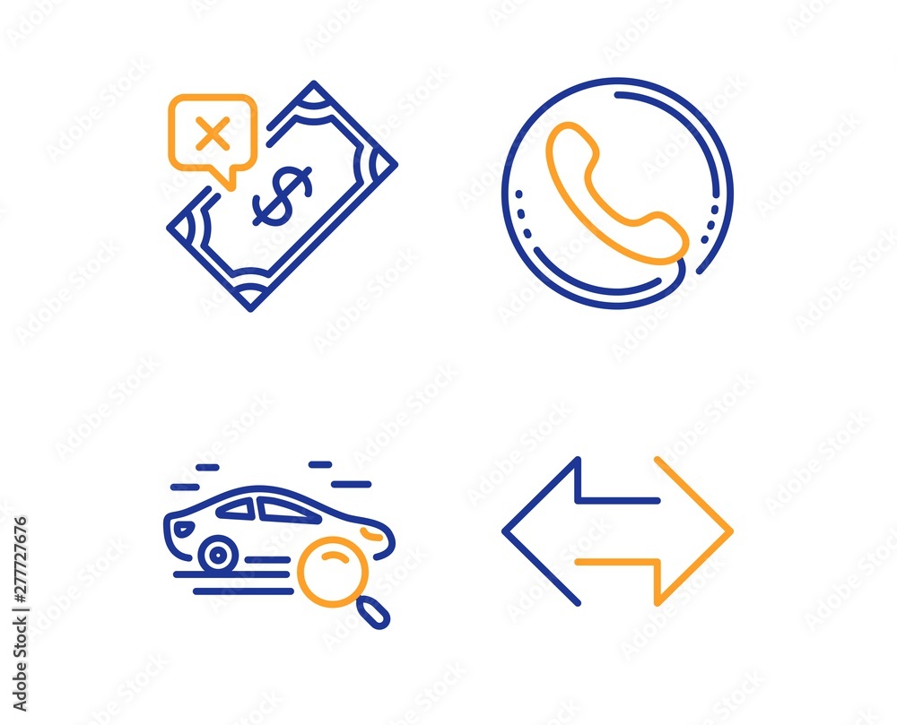 Search car, Call center and Rejected payment icons simple set. Sync sign. Find transport, Phone support, Bank transfer. Synchronize. Linear search car icon. Colorful design set. Vector Search car, Call center and Rejected payment icons simple set. Sync sign. Find transport, Phone support, Bank transfer. Synchronize. Linear search car icon. Colorful design set. Vector