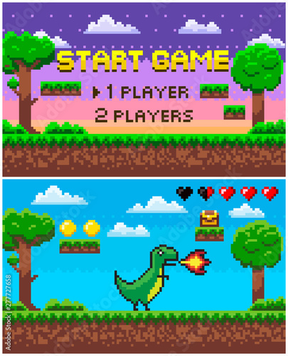 Pixel dinosaur character in game vector, dino with fire on scene. Angry villain and icons of coin and treasure box, evening place with nature and stars. Pixelated objects for app games