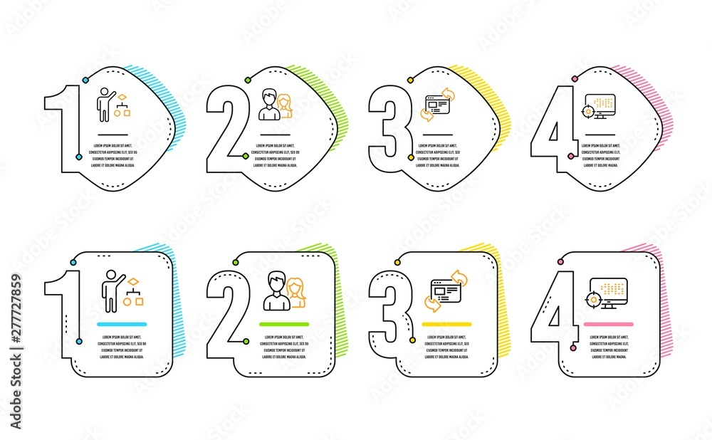 Teamwork, Algorithm and Refresh website icons simple set. Seo sign. Man with woman, Developers job, Update internet. Search engine. Infographic timeline. Line teamwork icon. 4 options or steps. Vector Teamwork, Algorithm and Refresh website icons simple set. Seo sign. Man with woman, Developers job, Update internet. Search engine. Infographic timeline. Line teamwork icon. 4 options or steps. Vector
