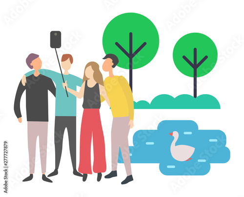 People spending time together vector, man and woman with selfie stick taking photo with swimming duck on pond, lake in park greenery of tree bushes