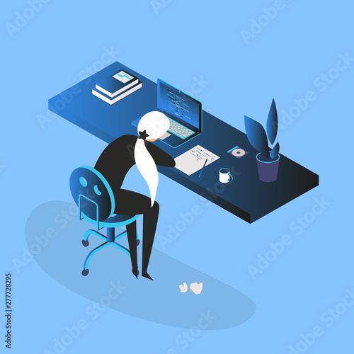 Burnout concept illustration with exhausted female office worker sitting at the table. Frustrated worker, mental health problems. Vector illustration in flat style