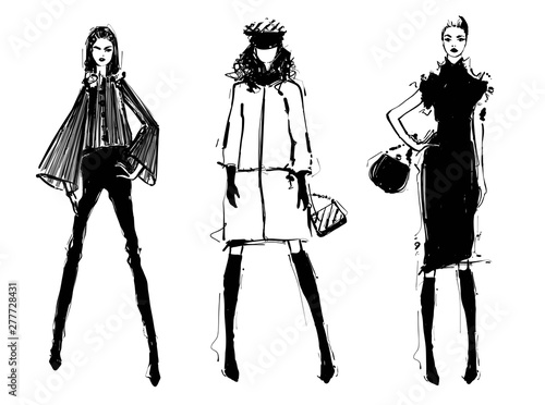 Dekoracja na wymiar  fashion-models-silhouettes-sketch-hand-drawn-vector-illustration-elegance-monochrome-girl-in-the-black-dress