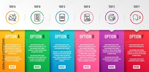 Coffee vending, Ssd and Strategy icons simple set. Report, 24h delivery and Face id signs. Coffee vending machine, Solid-state drive. Technology set. Infographic template. 6 steps timeline. Vector