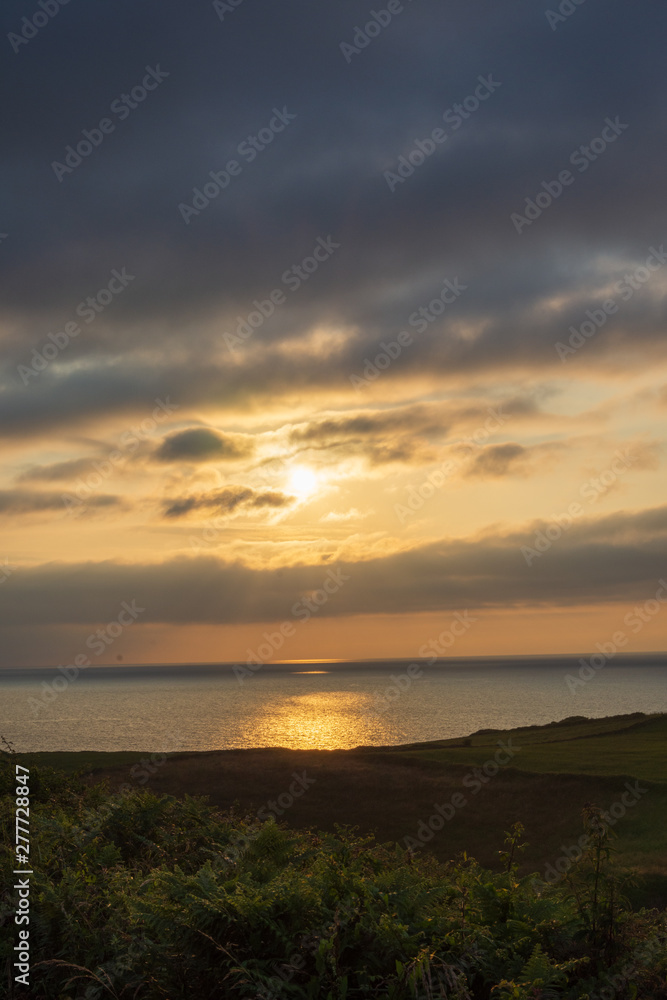 Fototapeta premium Vertical landscape of meadows and coast with sunset on the sea in Cantabria, Spain, Europe