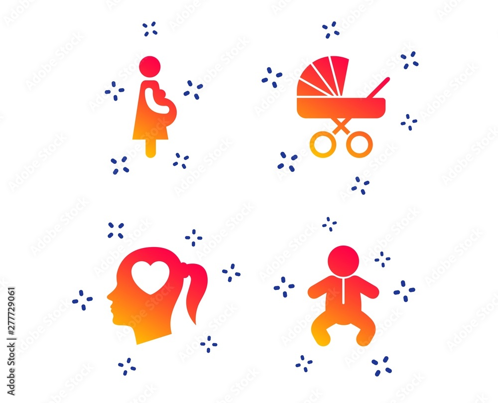 Fototapeta premium Maternity icons. Baby infant, pregnancy and buggy signs. Baby carriage pram stroller symbols. Head with heart. Random dynamic shapes. Gradient pregnancy icon. Vector