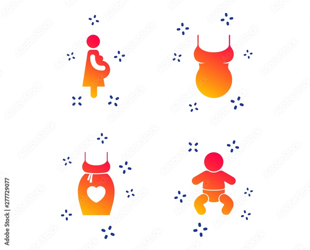 Naklejka premium Maternity icons. Baby infant, pregnancy and shirt signs. Dress with heart symbol. Random dynamic shapes. Gradient pregnancy icon. Vector