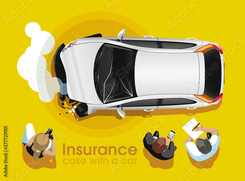 The insurance agent and the photographer investigate and photograph the broken white car in the presence of the owner and process insurance documents