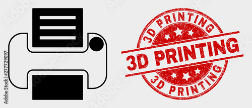 Vector printer icon and 3D Printing watermark. Red rounded scratched watermark with 3D Printing caption. Vector composition for printer in flat style. Black isolated printer icon.