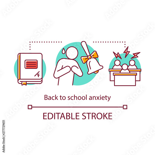 Back to school anxiety concept icon. New academic year beginning. Pupil, freshman, newbie afraid of new classmates. Bullying thin line illustration. Vector isolated outline drawing. Editable stroke