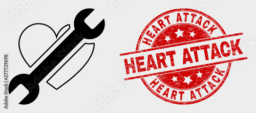 Vector repair heart pictogram and Heart Attack seal stamp. Red rounded scratched seal stamp with Heart Attack caption. Vector composition for repair heart in flat style.