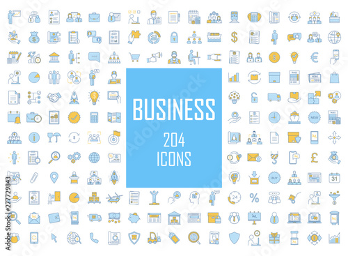 Business industry development color icons big set. Financing and budget, money planning. Business analytics, statistics. Delivery, logistics and distribution. Isolated vector illustrations
