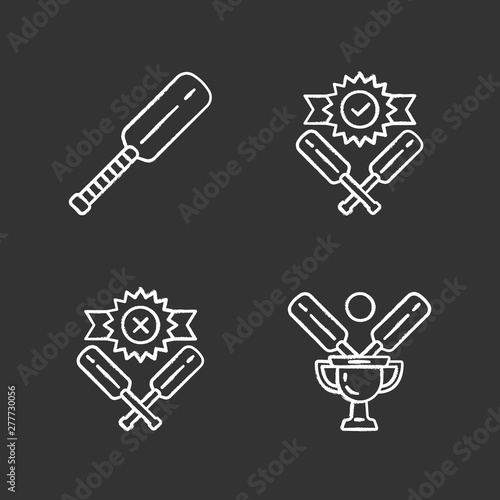 Cricket championship chalk icons set. Sport tournament. Bat, champion cup, win, defeat. Club battle. League competition. Sport contest. Bat and ball team game. Isolated vector chalkboard illustrations