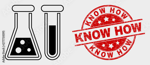 Vector chemical glassware icon and Know How seal. Red round grunge stamp with Know How caption. Vector combination for chemical glassware in flat style. Black isolated chemical glassware icon.