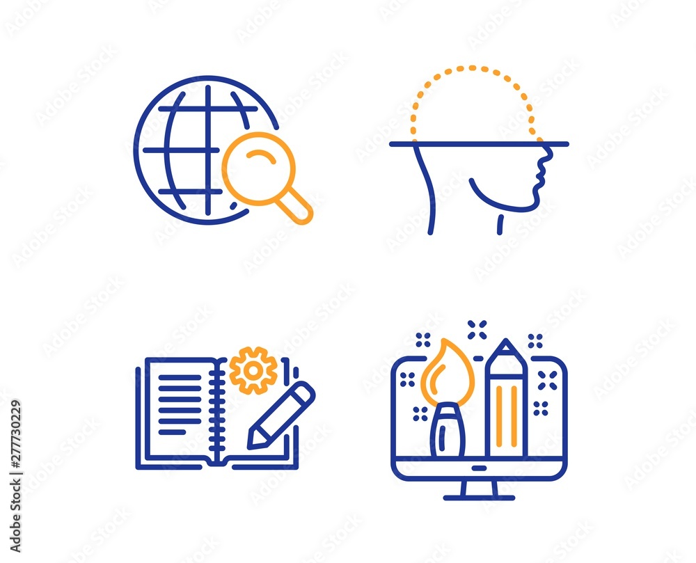 Engineering documentation, Internet search and Face scanning icons simple set. Creative design sign. Manual, Web finder, Faces detection. Designer. Linear engineering documentation icon. Vector Engineering documentation, Internet search and Face scanning icons simple set. Creative design sign. Manual, Web finder, Faces detection. Designer. Linear engineering documentation icon. Vector