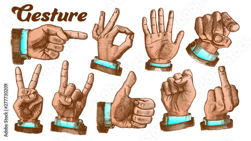Multiple Male Caucasian Hand Gesture Set Vector. Collection Of Different Arm Gesture. Ok And Peace, Palm And Fist, Rock Horns And Showing Indicating Signal. Hand Drawn Color Illustrations