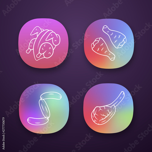 Butchers meat app icons set. Chicken carcase and drumsticks, tomahawk steak, sausages, pork rib. Butchery business. UI/UX user interface. Web or mobile applications. Vector isolated illustrations