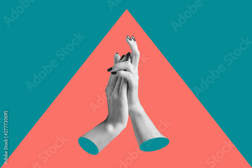 Modern conceptual art poster with a hands in a massurrealism style. Contemporary art collage.
