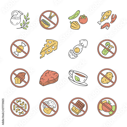 Keto diet color icons set. Low carbs and healthy eating. High fat and protein products. Alcohol, sugar free food labels. Fish, veggies, natural herbal drink isolated vector illustrations